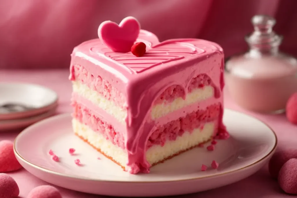 Decorated heart-shaped cake with pink and red buttercream frosting, edible pearls, and icing roses.