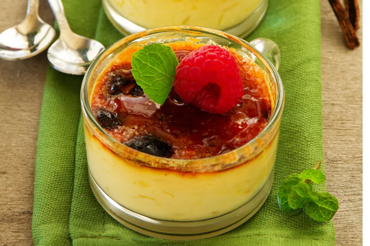 Perfectly done crème brûlée with caramelized sugar crust and creamy texture.